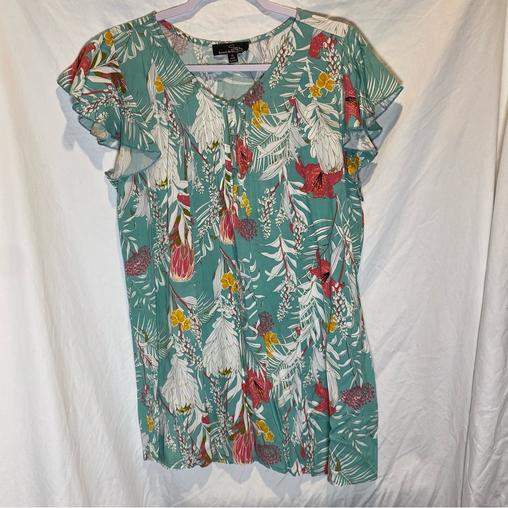 Suzanne Betro Turquoise Floral Ruffled Short Sleeve Blouse XL 100% Rayon